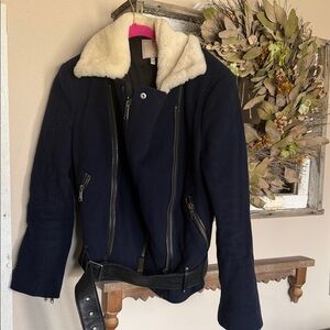 Joie Black Leather Jacket with Cream Shearling Collar